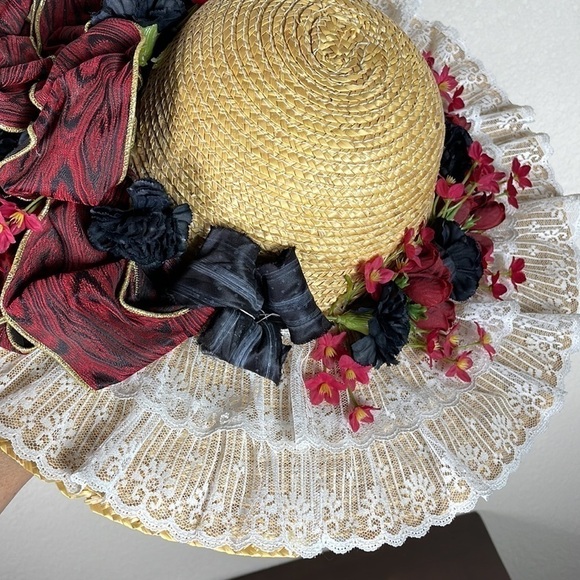 Straw and Lace Floral Bonnet Hat Spring Elegant Tea Party Derby - Picture 9 of 9